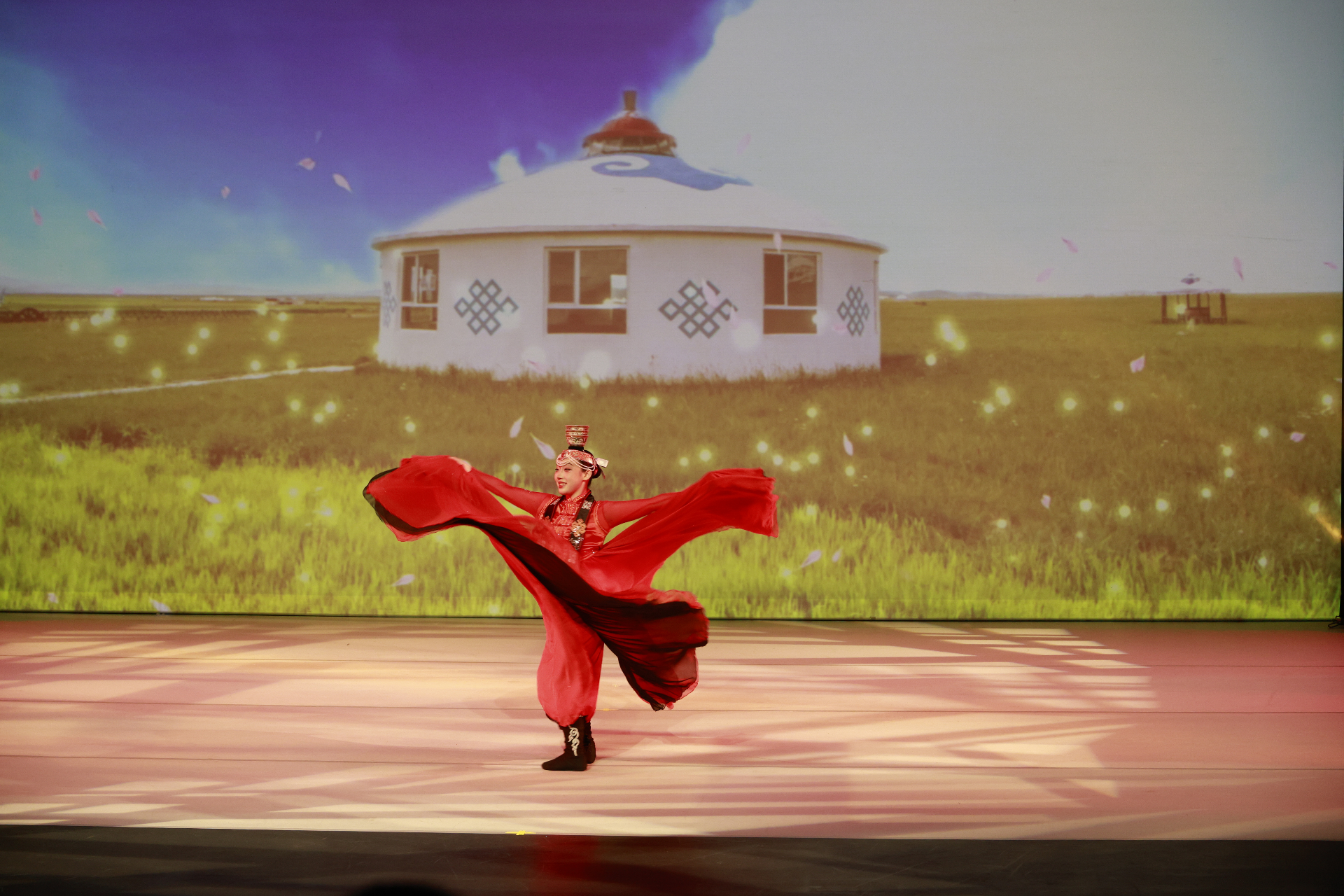 Mongolian folk dance with flowing red silk